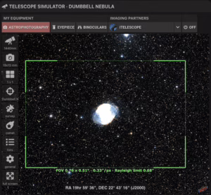 Image of Messier 27 with simulation of telescope field of view