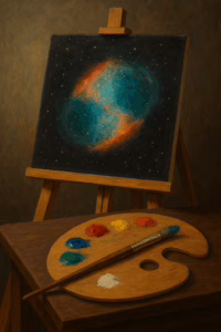 Artist easel and palette, painting the Messier 27 nebula