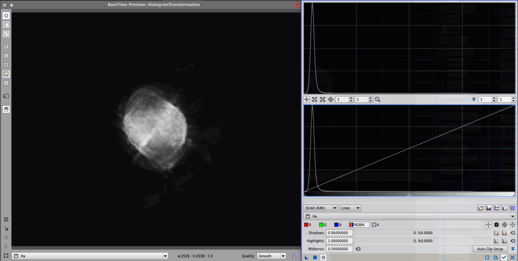 Histrogram transformation showing the preview window with the transform window interface.